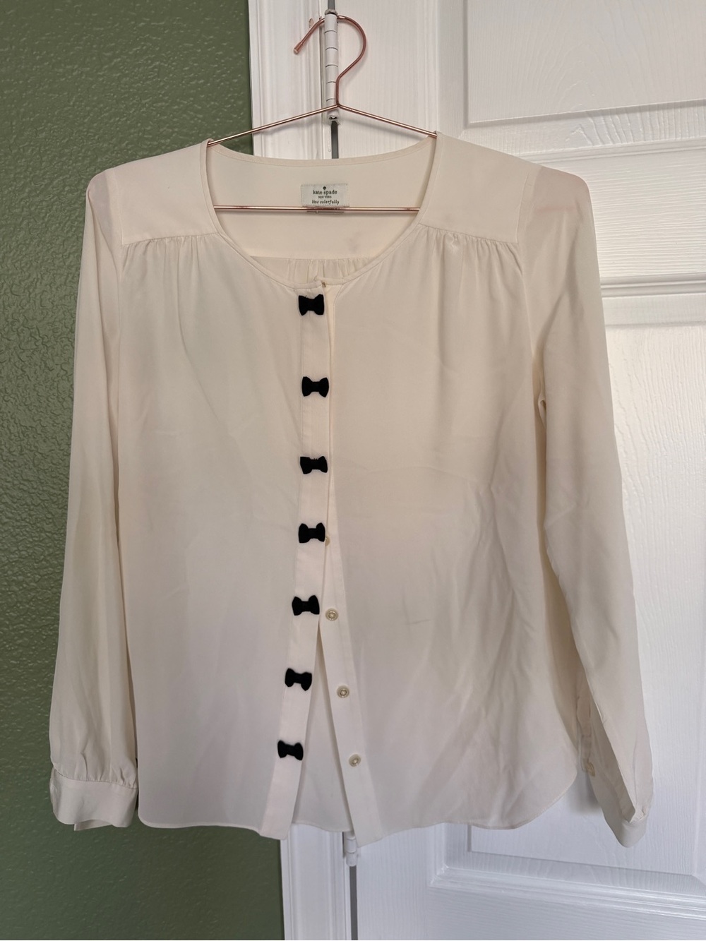 kate spade Cream Long-Sleeve Blouse with Black Bow Buttons